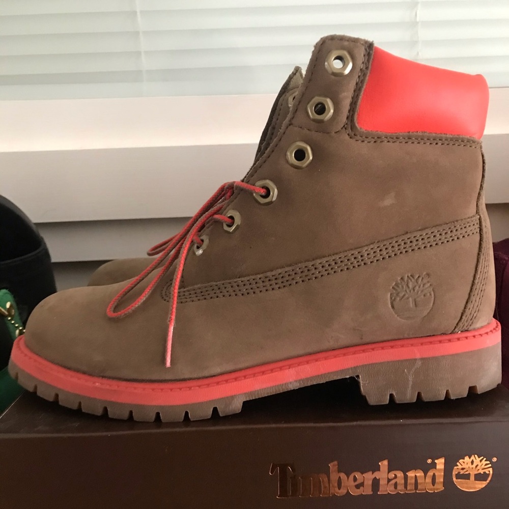Brown and salmon Timberland Boots